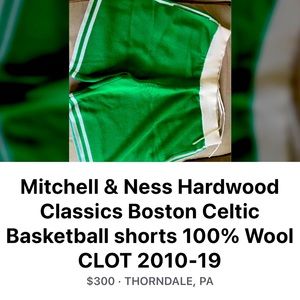 Mitchel and Ness hardwood classic wool Boston Celtic basketball shorts. New.